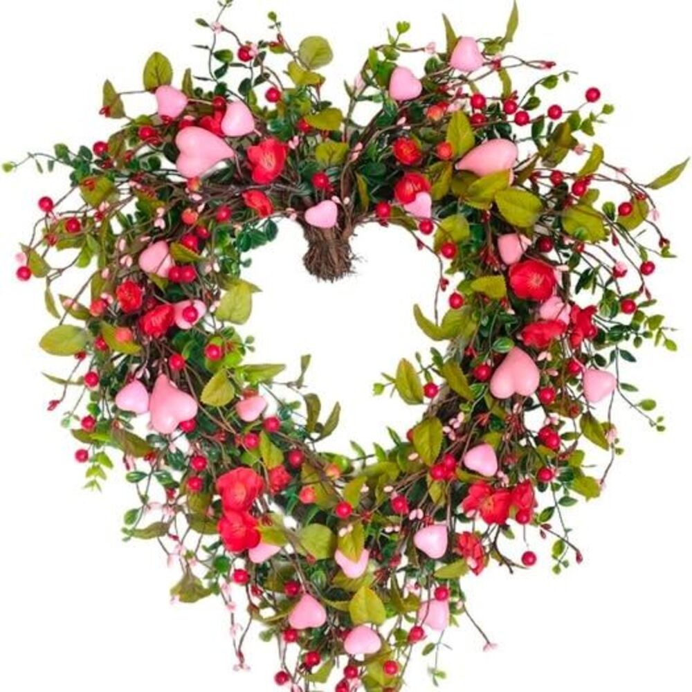 Heart-Shaped Wreath, Pink Flower Heart Berry Green Leaf Door Decor